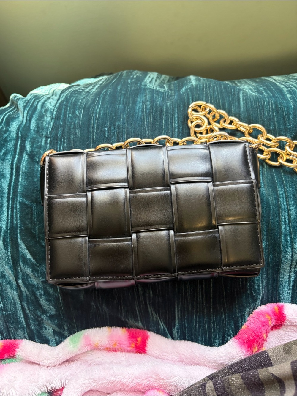 Woven Black Leather Crossbody with Gold Chain Strap